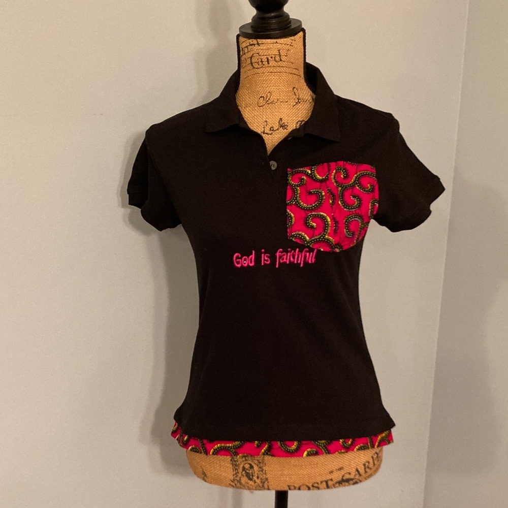Lacoste NWOT Custom Polo Youth Size XL Black Pink  "God is faithful"